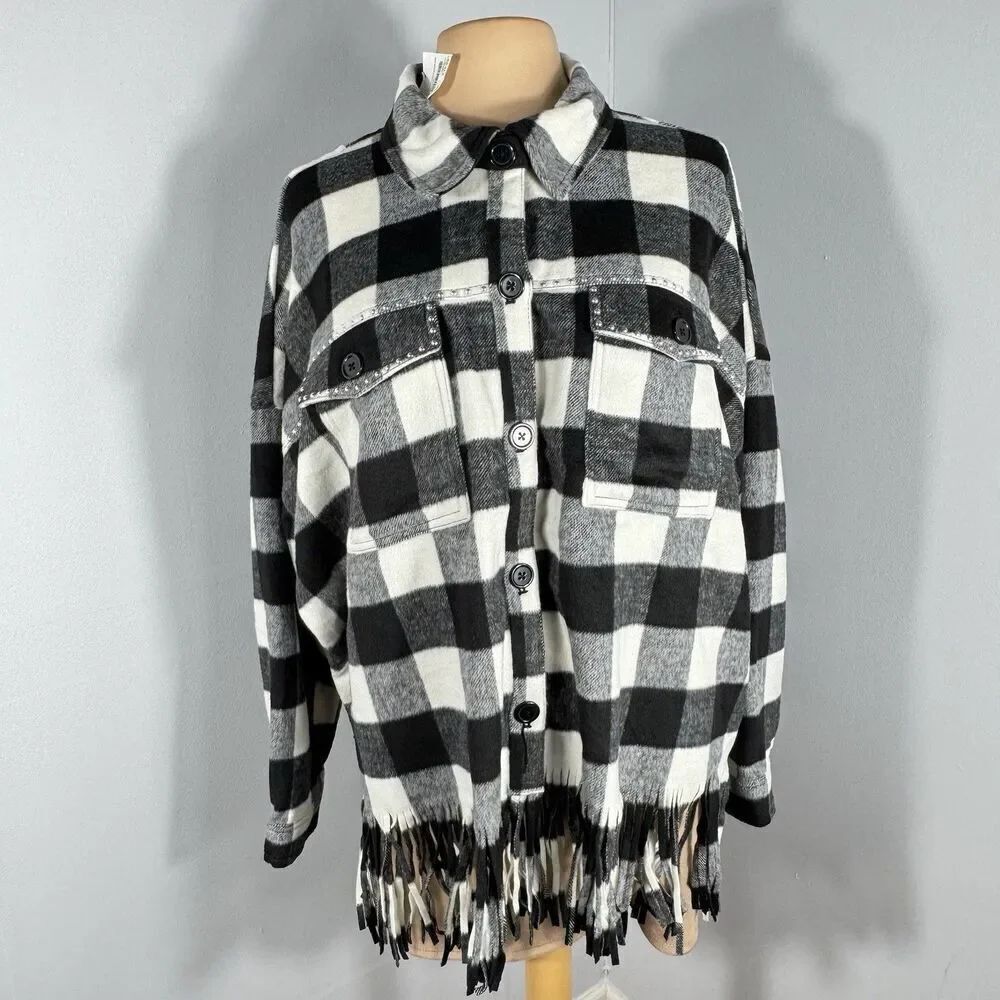 Cato Est. 1946 Sz 18/20W Shacket Womens Black White Check Bottom Fringe NWT